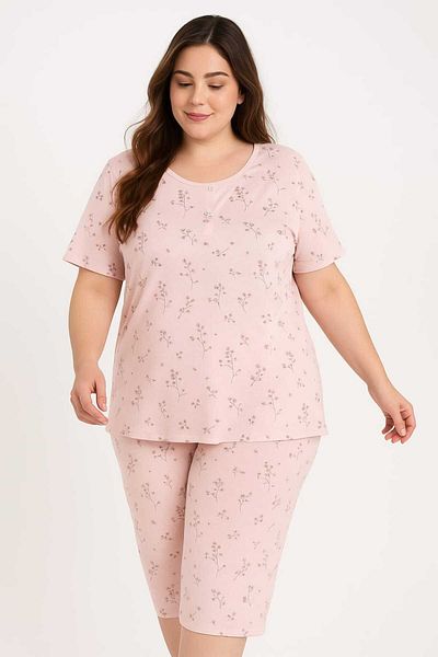 MODA Large Battal Size Light Pink Color Branch Pattern Capri Pajama Set/2Xl-3Xl-4Xl
