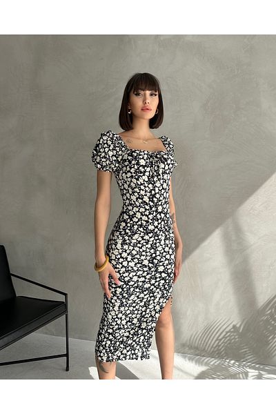 Rabi Shine Summer Crispy Pattern Watermelon Sleeve Slit Detail Dress