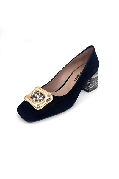 Mariolucci Women's Heeled Shoes Buckle Genuine Black Suede (Snake Print)
