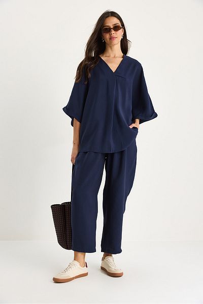 Bianco Lucci Women's V Neck Bat Sleeve Blouse Elastic Waist Pants Modal Set 60283237