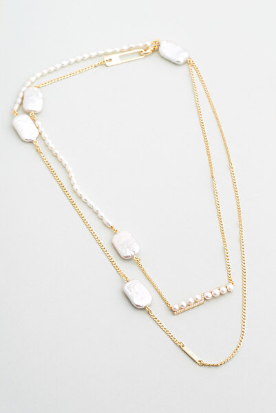 So CHIC... İkonik 18 Ayar Sarı Altın Kaplama 95 Cm Gümüş İnci Kolye