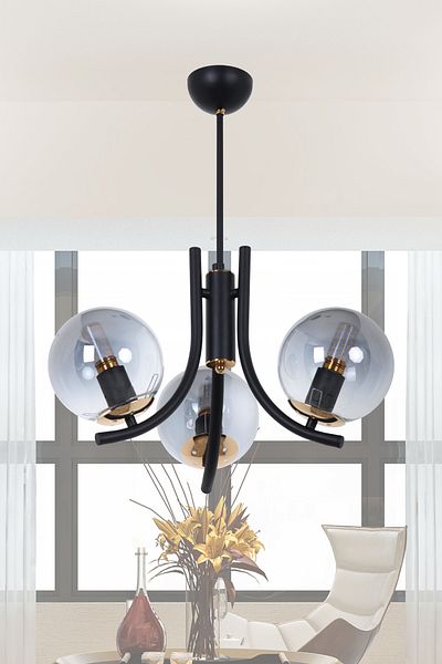 MŞ Aydınlatma Tetra Black Gold 3 Smoked Glass Chandelier