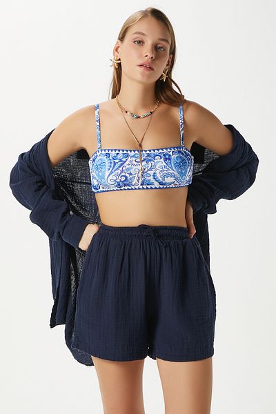 Ritnice Women's Jamie 100% Cotton Muslin Navy Blue Shorts with Elastic Waist