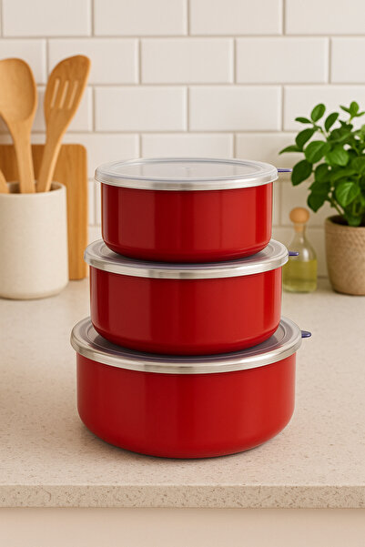 Hanedan 3'lü Emaye Saklama Kabı Seti - 14 cm, 16 cm, 18 cm - Sızdırmaz Kapaklı, Metal Gövde