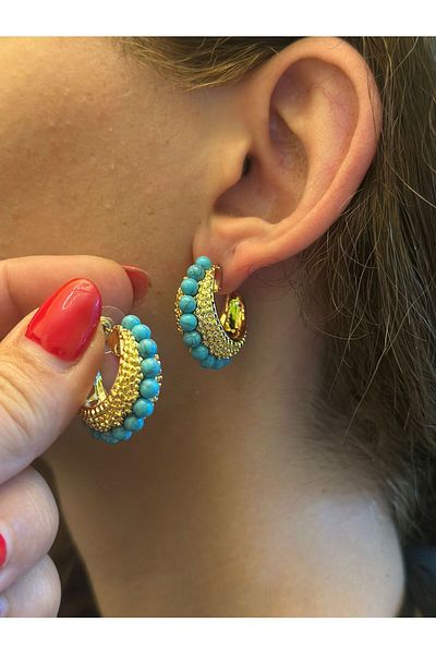 Gönülden Tasarım Steel Cyrus Stone Embroidered Women's Hoob Earring 2 cm