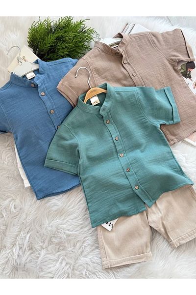 MUTLUDÜNYAM Children's Suit with Muslin Shirt and Thin Linen Shorts