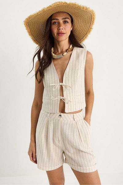 Bianco Lucci Women's Thick Striped Tie Detailed Vest High Waist Shorts Bottom-Top Linen Suit 9376 60281068