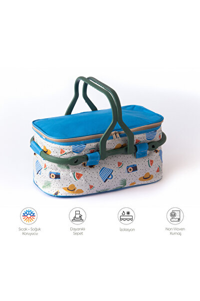 Homedius Thermos Insulated Patterned Foldable Picnic Basket Blue 20 Lt