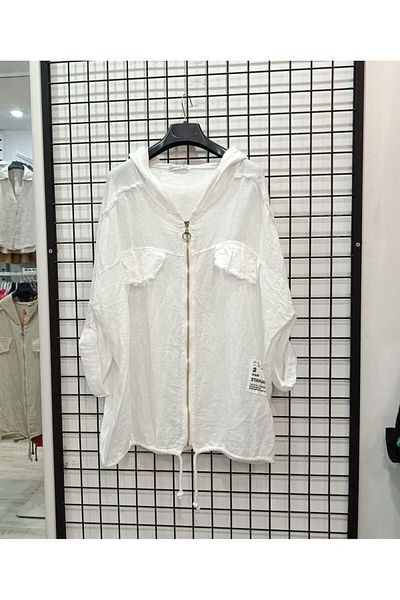 Butik Şans Hooded Mesh Detailed Zippered Italian Linen Jacket