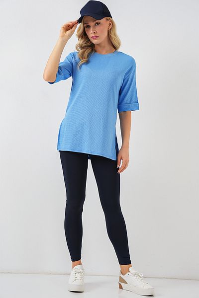 Bigdart 4332 Knitted T-Shirt with Side Slits - B.Blue