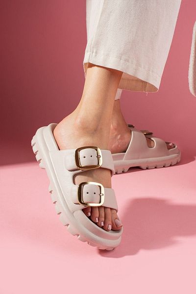 FUGA MODA Sondo Beige Διπλό ριγέ χρυσό κούμπωμα Λεπτομερείς παντόφλες δαπέδου από πολυουρεθάνη με χοντρή σόλα
