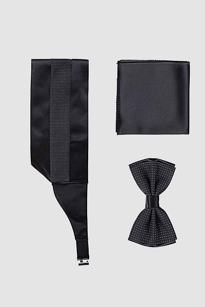 D'S Damat Ds Groom Black Plain Sash-Bow Tie-Pocket Square Set