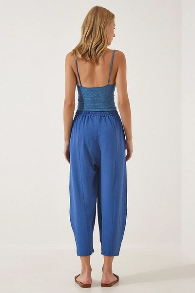 REYNEV New Season Summer Thin Trousers with Elastic Waist High Waist Women's Blue Casual Pants