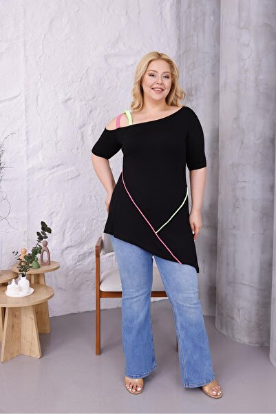 Siyezen Plus Size Neon Strap Asymmetry Cutout Blouse