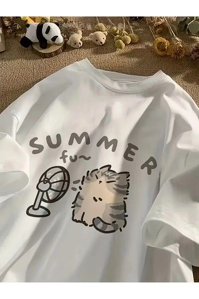 vikitekno Oversize Summer Cat Printed Design Women's T-Shirt