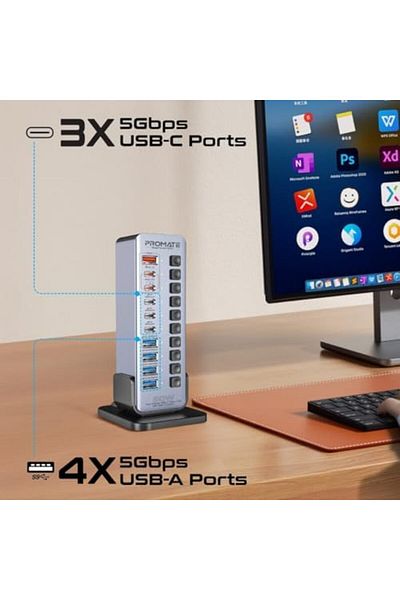 Promate موزع برجي USB-C متعدد المنافذ 14 في 1 بقوة 60 وات