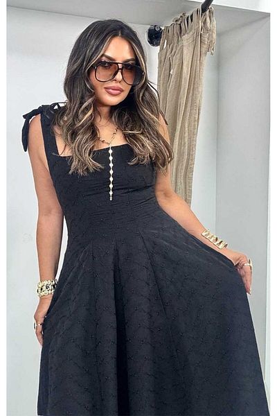 Sohotique By P Embroidered Square Collar Lace-Up Dress Black