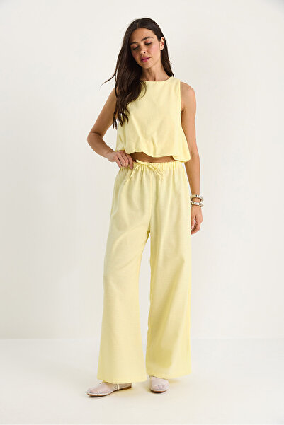 Bianco Lucci Women's Balloon Detailed Blouse Palazzo Pants Linen Bottom-Top Set 9367 60281072