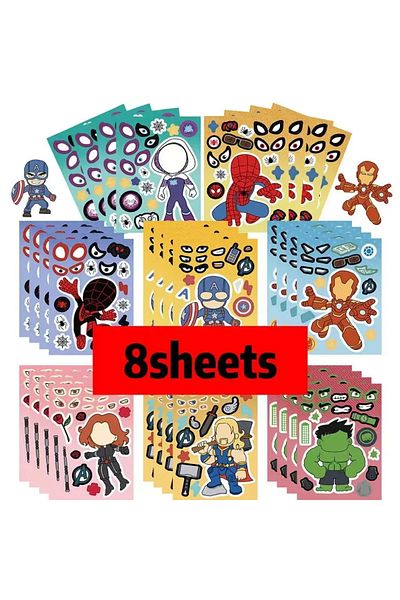 Miniso SJS157-8sheets 8/16Sheets Disney Marvel Spiderman Puzzle Stickers Make a Face Iron Man Sticker DIY N