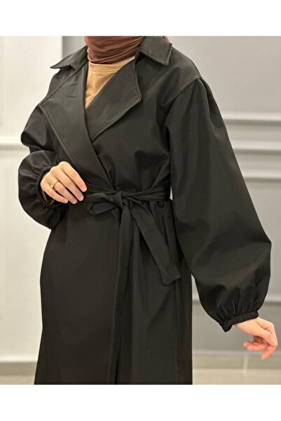 MİHRA STORE Waist Tied Balloon Arm Trench Black