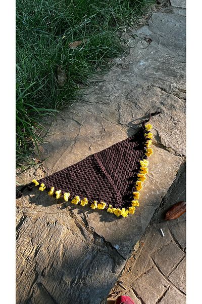 pulur.co Brown Mesh Model Yellow Flower Detailed Bandana Handmade Knitted Crochet Bandana