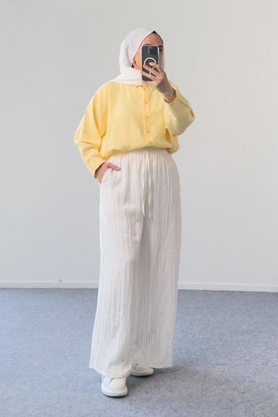 Hatun Atila Lined Crashed Modal Wide Leg Palazzo Trousers with Elastic Waist - White