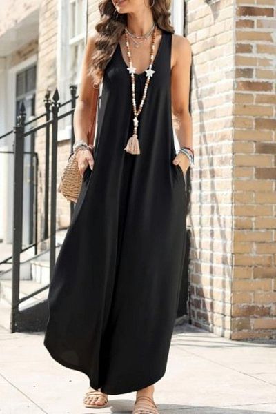 Mossta Sleeveless Round Neck Loose Cut Viscose Jumpsuit - Black