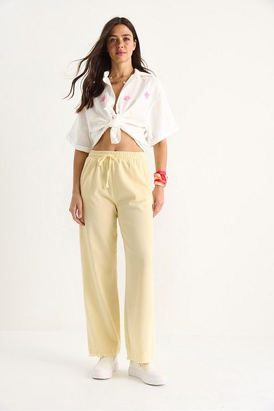 Bianco Lucci Women's Elastic Waist Leg Detailed Palazzo Mold Cotton Gabardine Summer Trousers 60283323