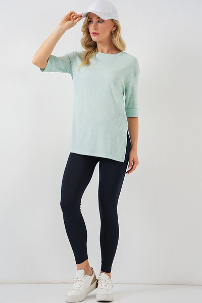 Bigdart 4332 Knitted T-Shirt with Side Slits - Mint