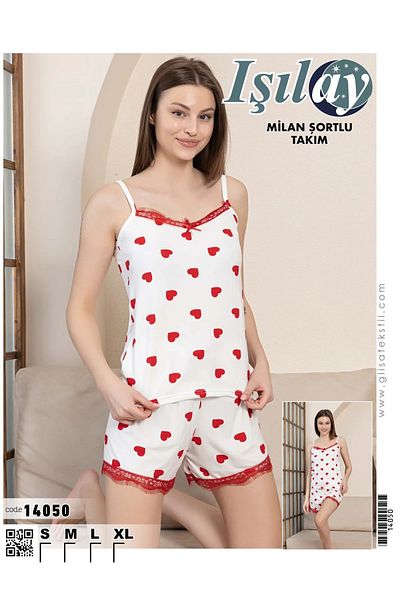 Butik Glisa Işilay 14050 Milan Rope Strap Heart Pattern Shorts Suit