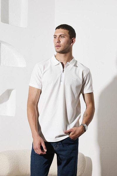 DAMGA JEANS Ανδρικό κοντομάνικο μπλουζάκι με φερμουάρ λευκό γιακά πόλο