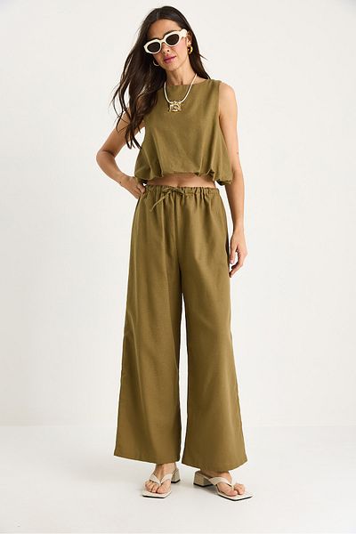 Bianco Lucci Women's Balloon Detailed Blouse Palazzo Pants Linen Bottom-Top Set 9367 60281072