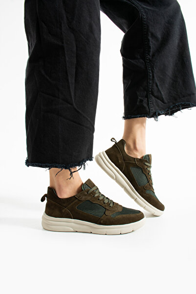 Getcho Thaes Women's Khaki Daily Suede Sneaker Light Sole Sports Shoes Breathable Mesh Fabric Model