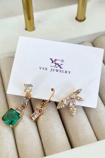 TAKIŞTIR مجموعة أقراط YSX مكونة من 3 قطع مع تفاصيل حجرية ذهبية اللون