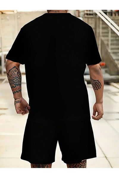 LUNAVISTA Men's Summer Casual Round Neck Short Sleeve Cartoon Bear Printed T-Shirt Lace-Up Waist Shorts Set