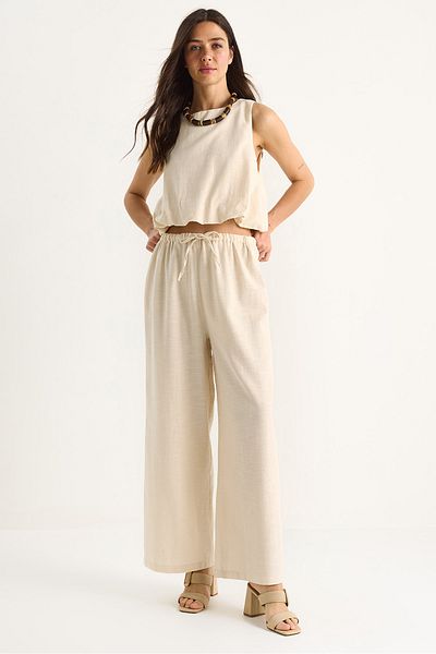 Bianco Lucci Women's Balloon Detailed Blouse Palazzo Pants Linen Bottom-Top Set 9367 60281072