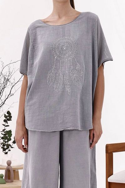 AYASOFYA OTANTIK Women's Gray Round Neck Feather Embroidered Sleeves Mesh Detailed Short Sleeve Oversize Loose Linen Blouse