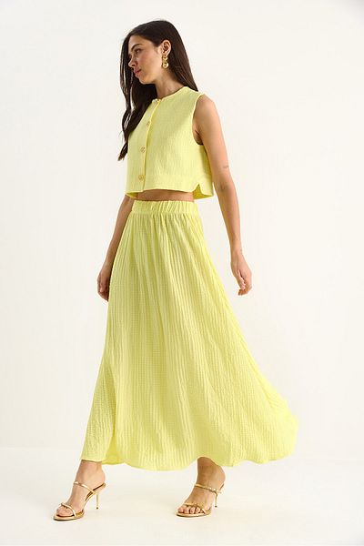 Bianco Lucci Women's Crop Vest Elastic Waist Pocket Detailed Long Skirt Bottom-Top Seersucker Suit 4006 60283371