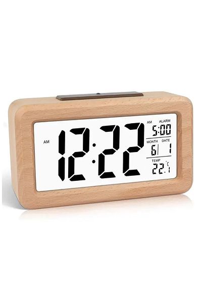 Choice Pure Wooden Alarm Clock with Calendar and Temperature displayed. Solid Wood Digital Clock for Deskto