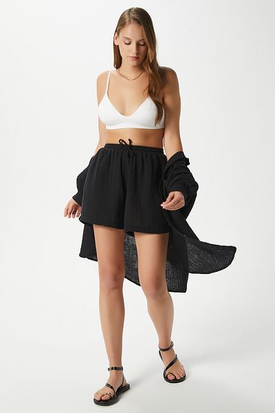 Ritnice Women's Jamie 100% Cotton Muslin Black Shorts with Elastic Waist