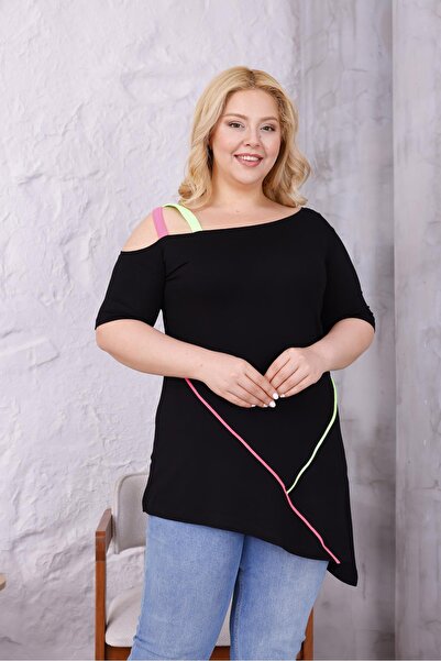 Siyezen Plus Size Neon Strap Asymmetry Cutout Blouse