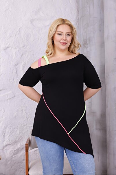 Siyezen Plus Size Neon Strap Asymmetry Cutout Blouse