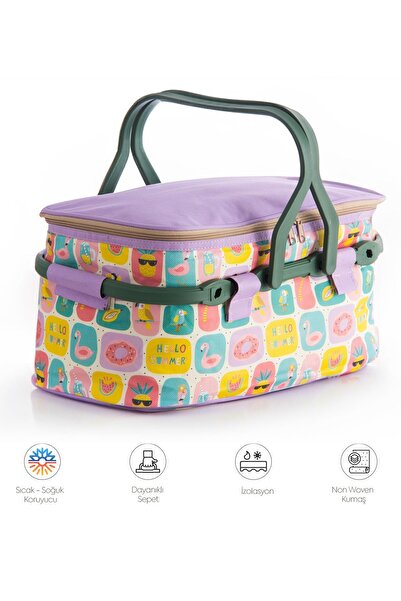 Homedius Termos Izolasyonlu Desenli Katlanabilir Piknik Sepeti Mor 20 Lt