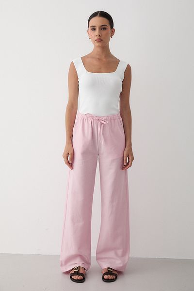 JASTE Women's Pink Elastic Waist Wide Leg Palazzo Linen Trousers