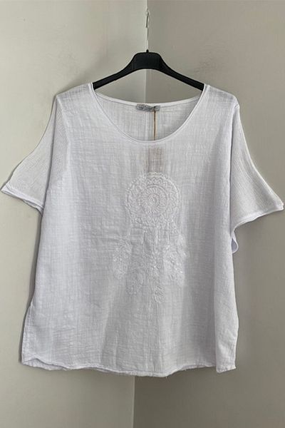 AYASOFYA OTANTIK Women's White Round Neck Feather Embroidered Sleeves Mesh Detail Short Sleeve Oversize Loose Linen Blouse