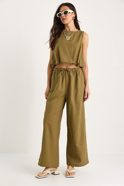 Bianco Lucci Women's Balloon Detailed Blouse Palazzo Pants Linen Bottom-Top Set 9367 60281072