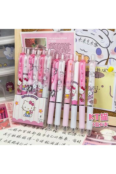 Miniso HelloKitty 6pcs Cartoon Kuromi Writing Pen Kawaii Hello Kitty Cinnamoroll Melody 0.5mm Quick Drying