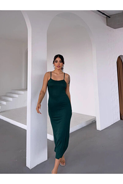 hazelin Γυναικείο Σμαραγδένιο Πράσινο Ρυθμιζόμενο Φόρεμα Midi με λουράκι HZL25S-FRY122921