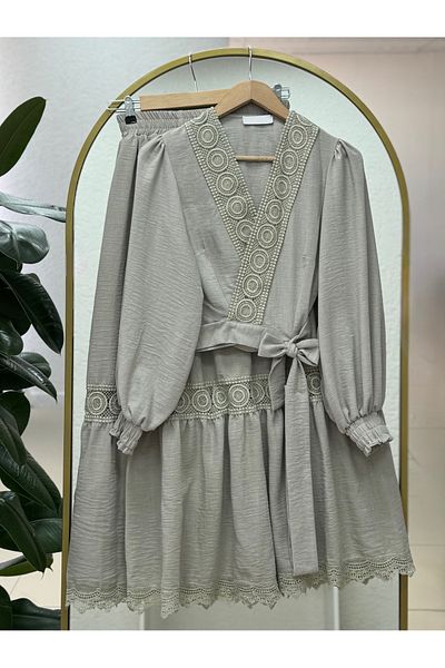 MİHRA STORE Nubisa Skirt and Jacket Lace Skirt Suit-He8385 Stone