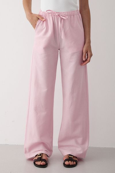 JASTE Women's Pink Elastic Waist Wide Leg Palazzo Linen Trousers